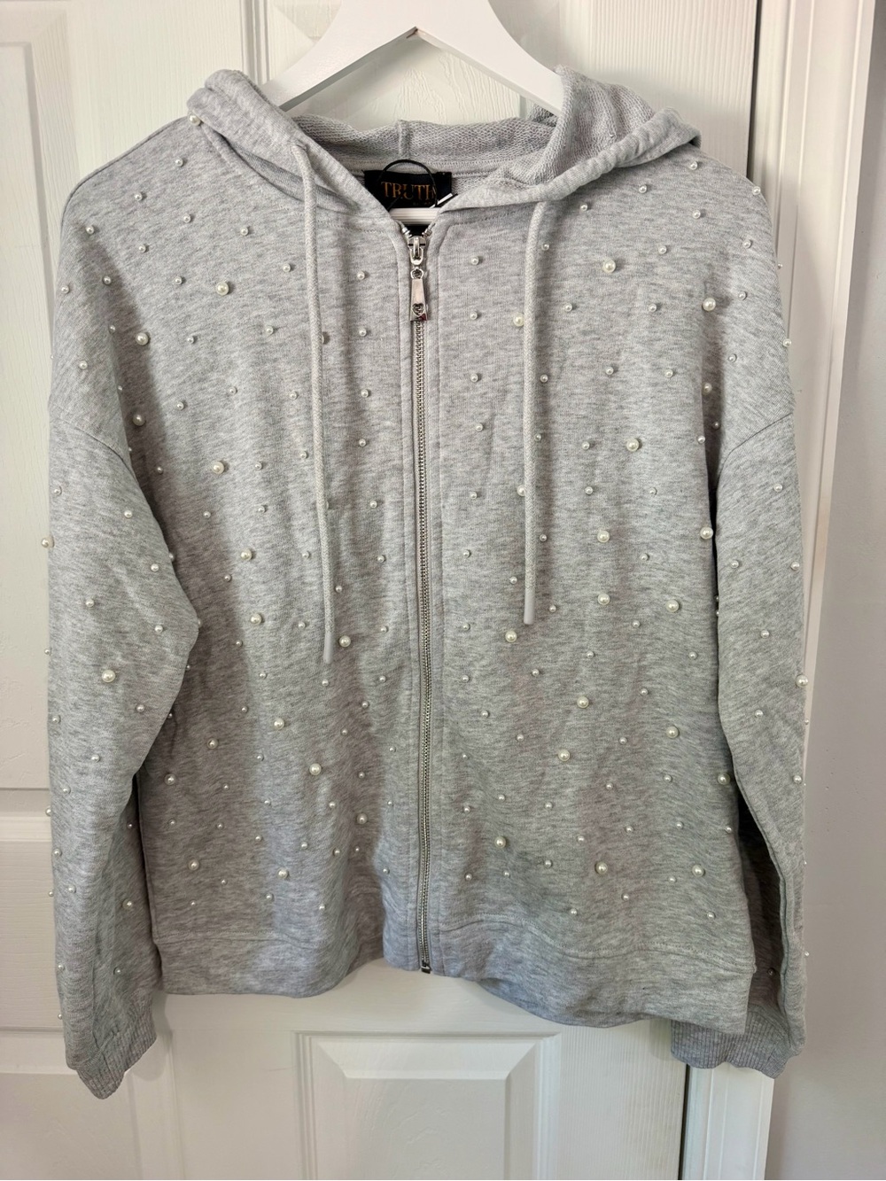 Gray Pearl-Embellished Full Zip Hoodie-NEW!!